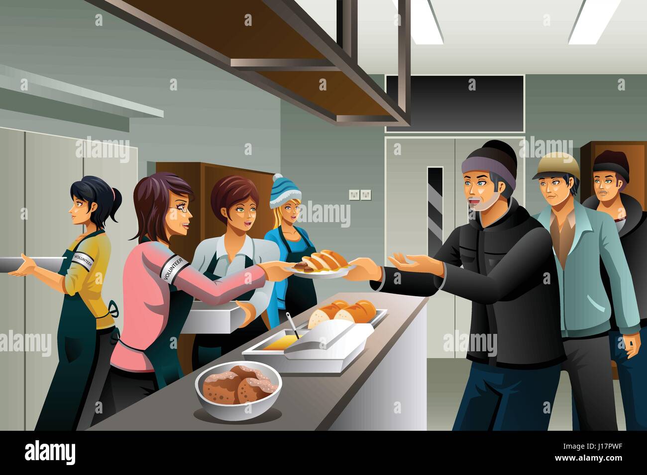Eine Vektor-Illustration von Freiwilligen Speisen für Wohnungslose Stock Vektor