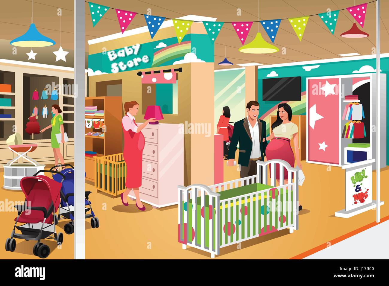 Eine Vektor-Illustration erwartet paar eine Krippe in einem Baby-Shop kaufen Stock Vektor