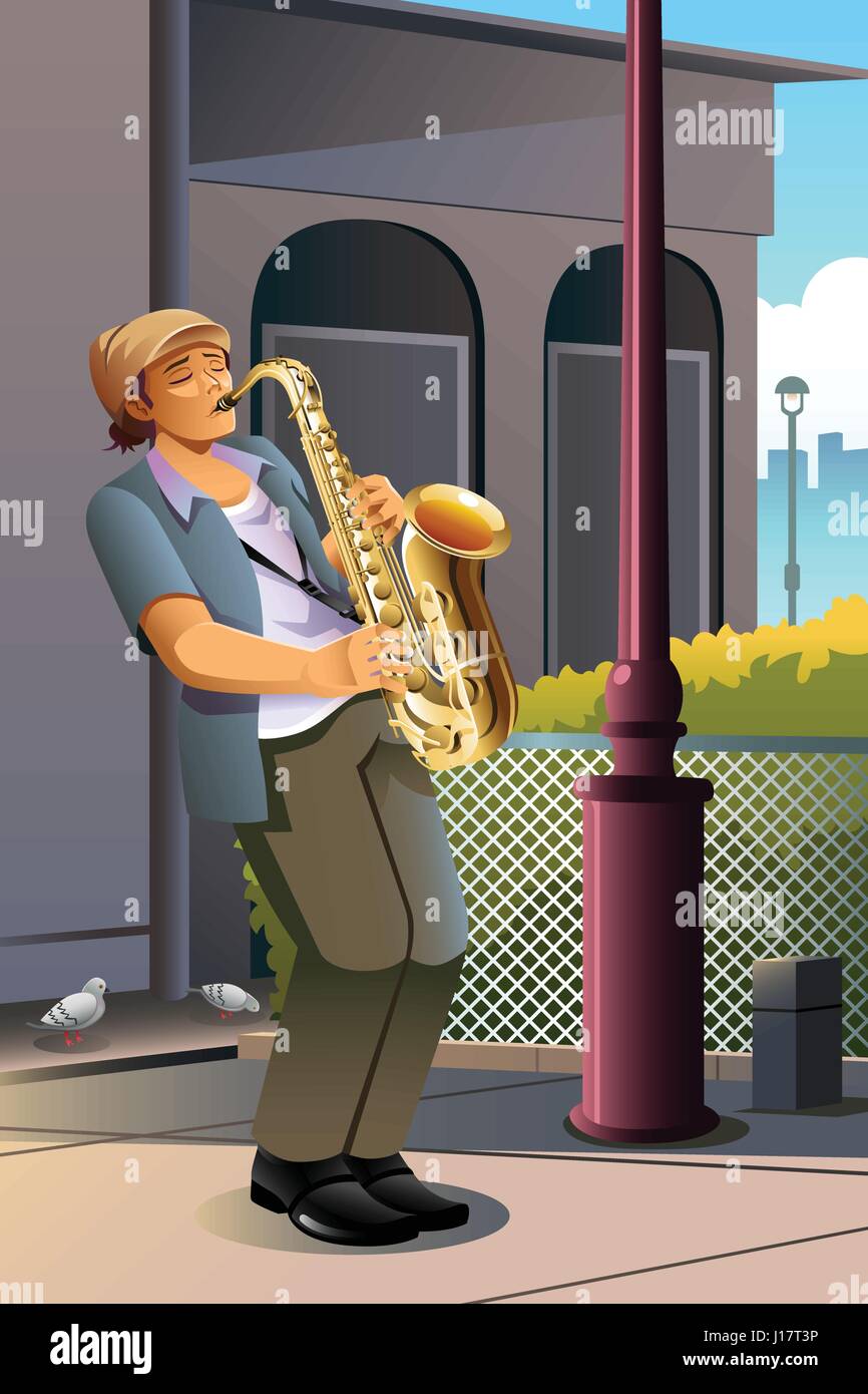 Eine Vektor-Illustration des Mannes Saxophon auf der Straße Stock Vektor