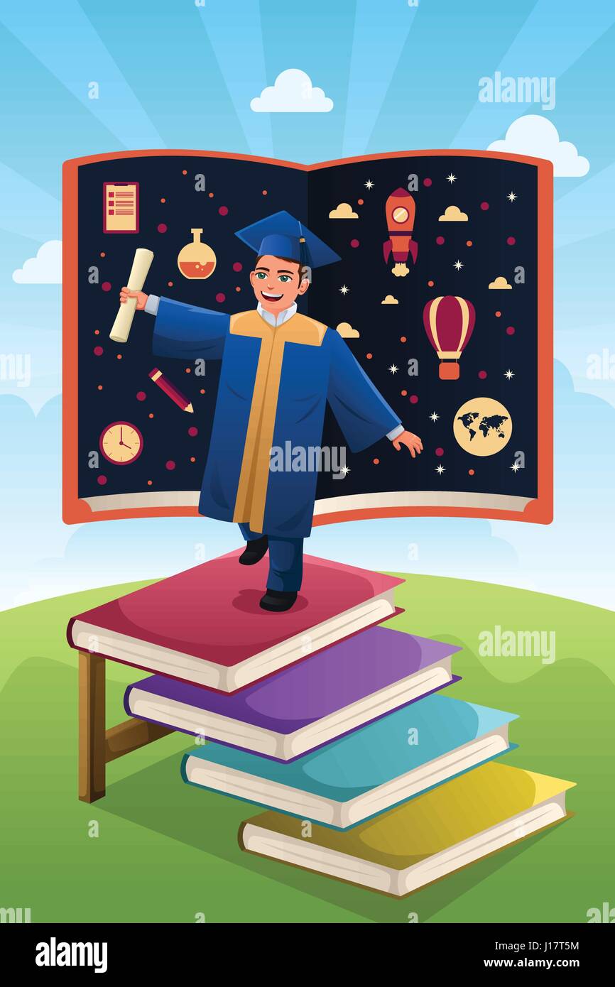 Eine Vektor-Illustration der Graduierung Student Stand am Anfang von Stapel Bücher Stock Vektor
