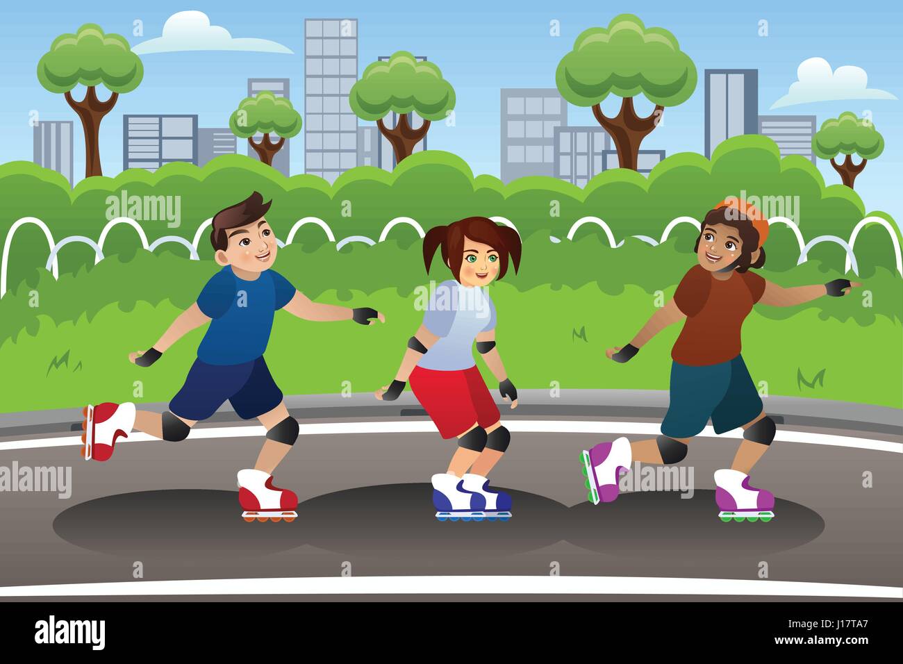 Eine Vektor-Illustration aus einer Gruppe von Kinder Inline Skaten im freien Stock Vektor