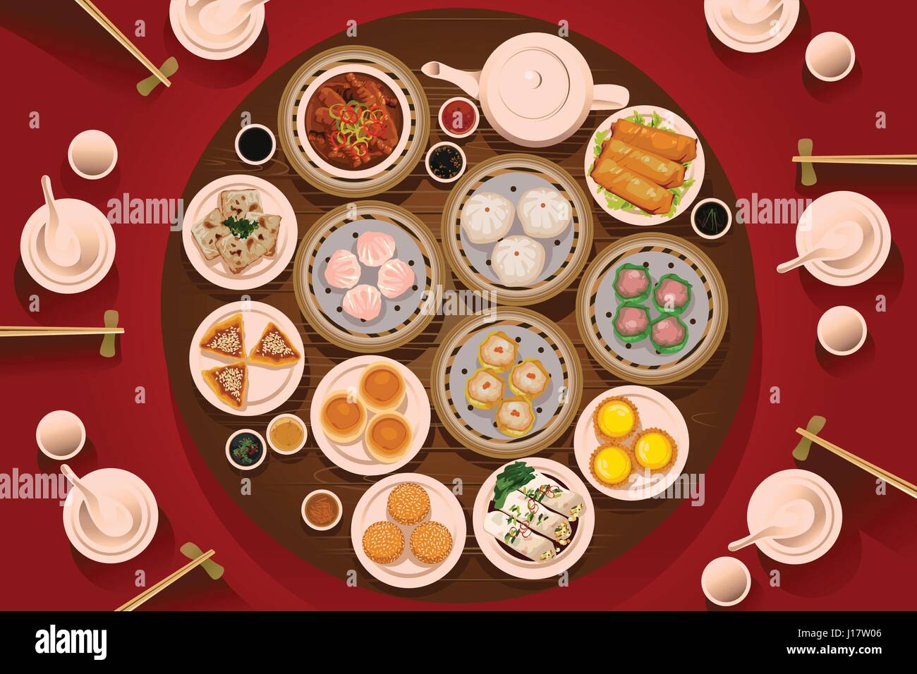 Eine Vektor-Illustration von Dimsum auf dem Tisch von oben gesehen Stock Vektor