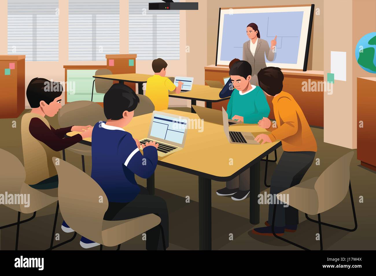 Eine Vektor-Illustration von Kindern in eine Klasse der Computerprogrammierung Stock Vektor