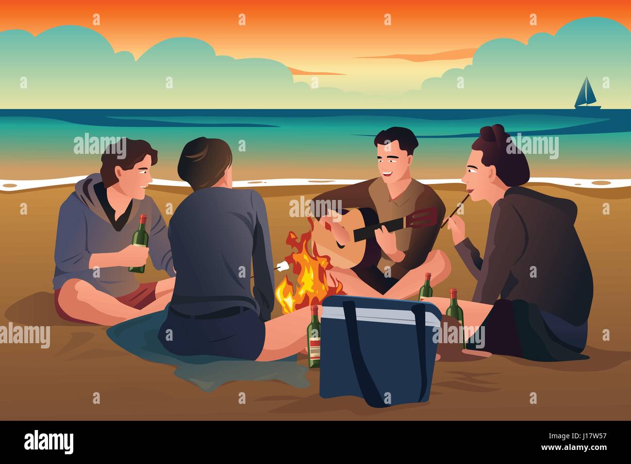 Eine Vektor-Illustration der glückliche junge Menschen Spaß am Strand Stock Vektor