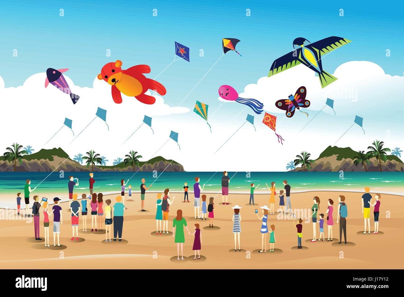 Eine Vektor-Illustration von Menschen spielen Kites auf dem Drachenfest Stock Vektor