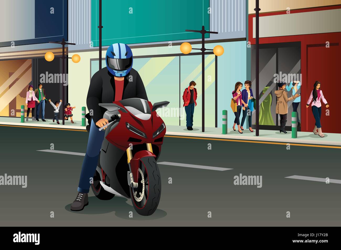 Eine Vektor-Illustration der Biker mit seinem Motorrad in der Stadt Stock Vektor