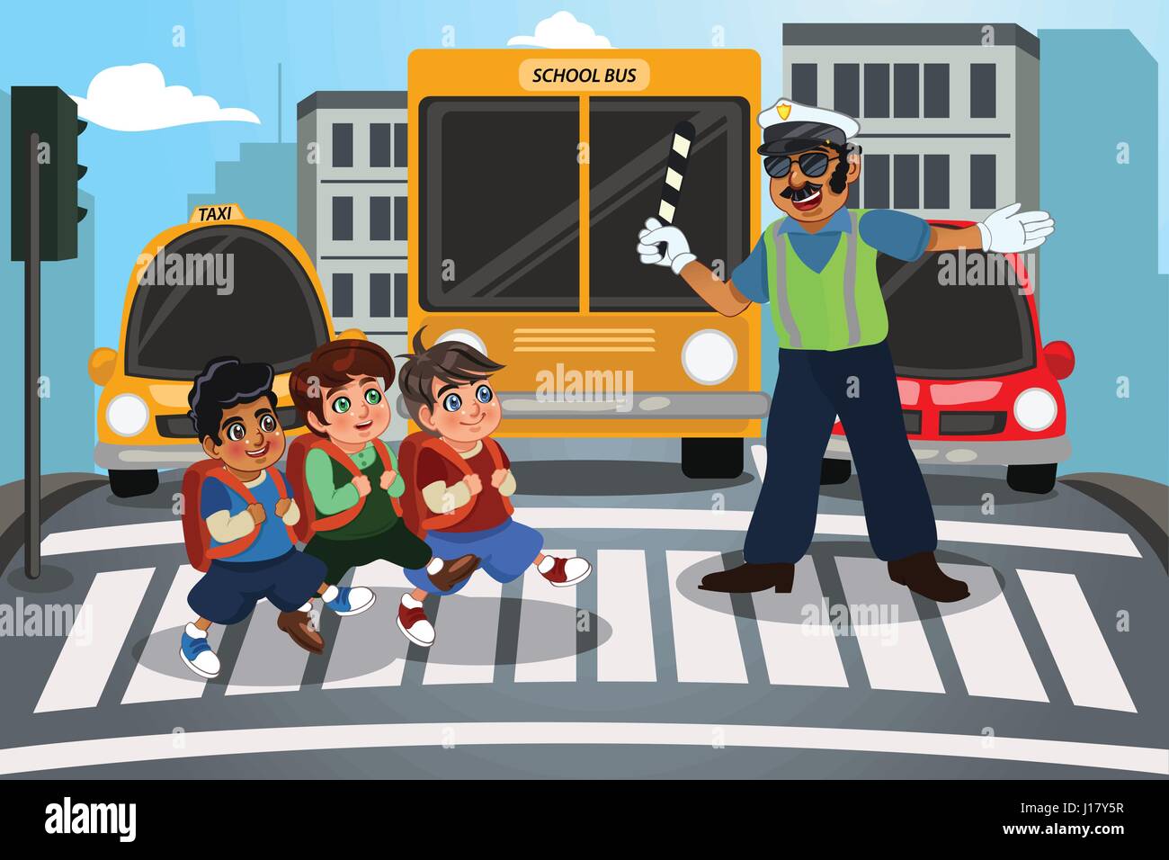 Eine Vektor-Illustration von Kindern, die Straße zu Fuß durch Zebrastreifen überqueren Stock Vektor