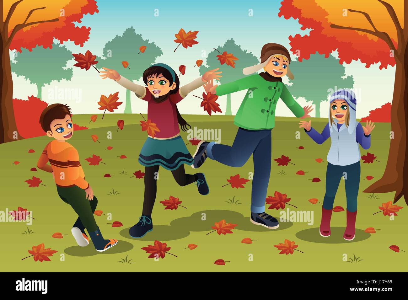 Eine Vektor-Illustration von glücklichen Kindern spielen im Herbst im freien Stock Vektor
