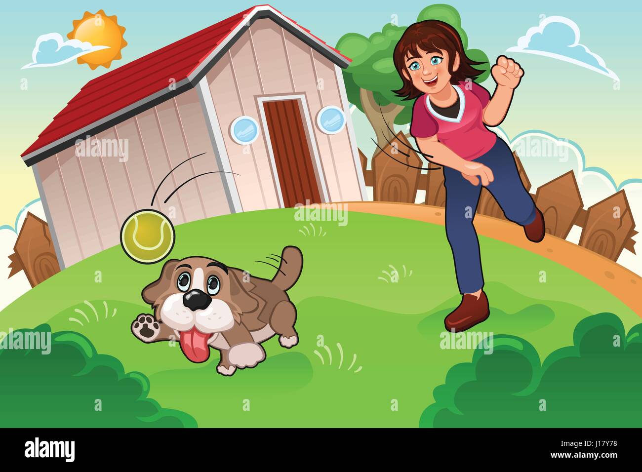 Eine Vektor-Illustration von kleinen Mädchen spielen mit ihrem Hund im park Stock Vektor