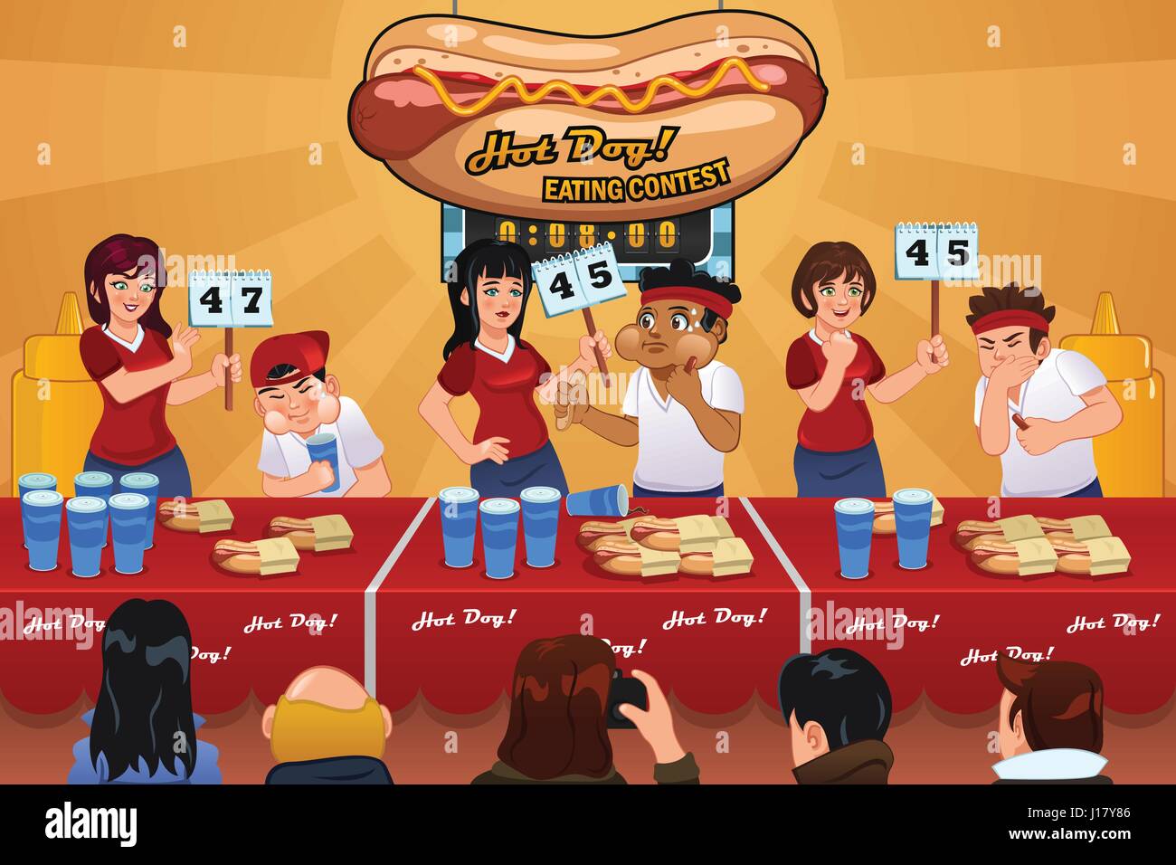 Eine Vektor-Illustration von Menschen in Hot Dog Wettessen Stock Vektor
