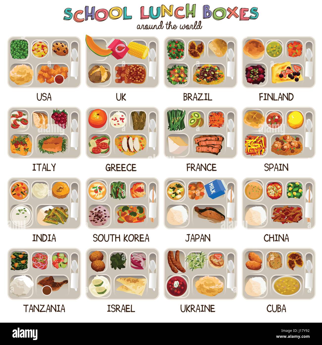 Eine Vektor-Illustration der Schule Lunch-Boxen auf der ganzen Welt Stock Vektor