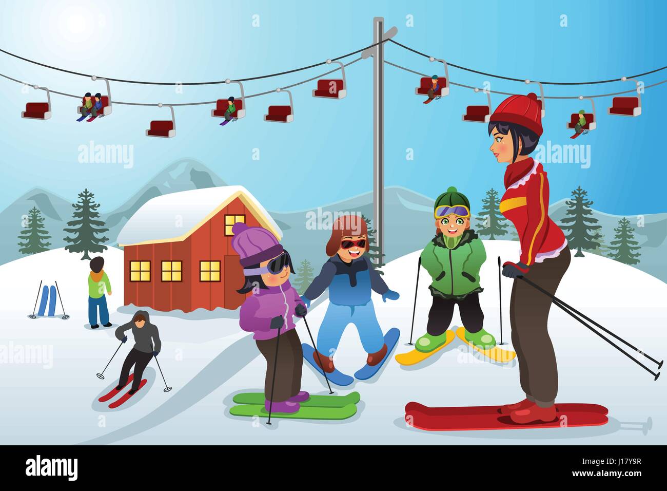 Eine Vektor-Illustration der Skilehrer unterrichten Kinder Skifahren Stock Vektor