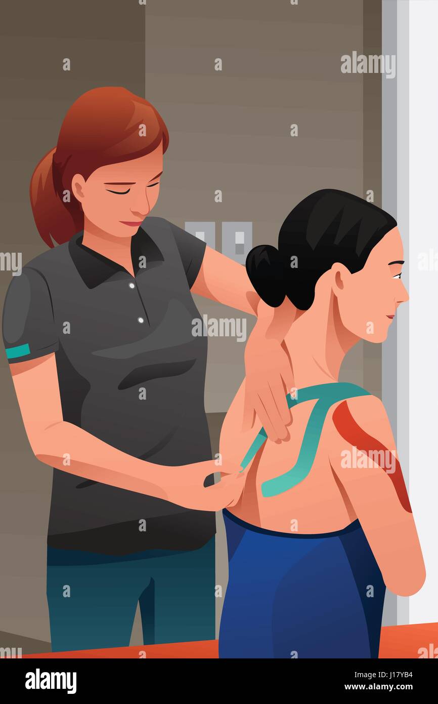 Eine Vektor-Illustration der Physiotherapeut Massage verletzte Schulter mit kinesiotaping Stock Vektor