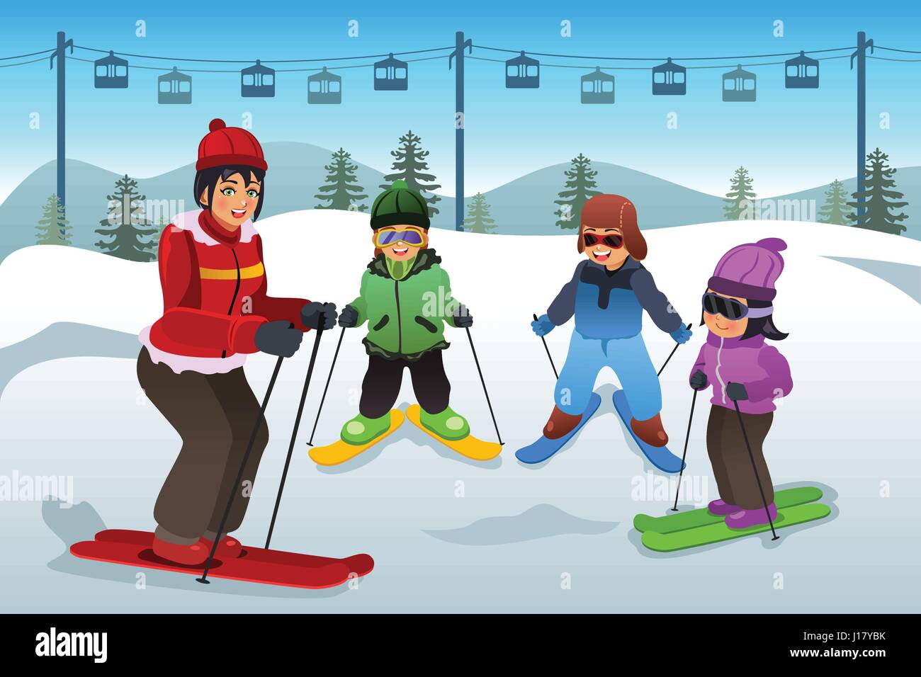Eine Vektor-Illustration der Skilehrer unterrichten Kinder Skifahren Stock Vektor