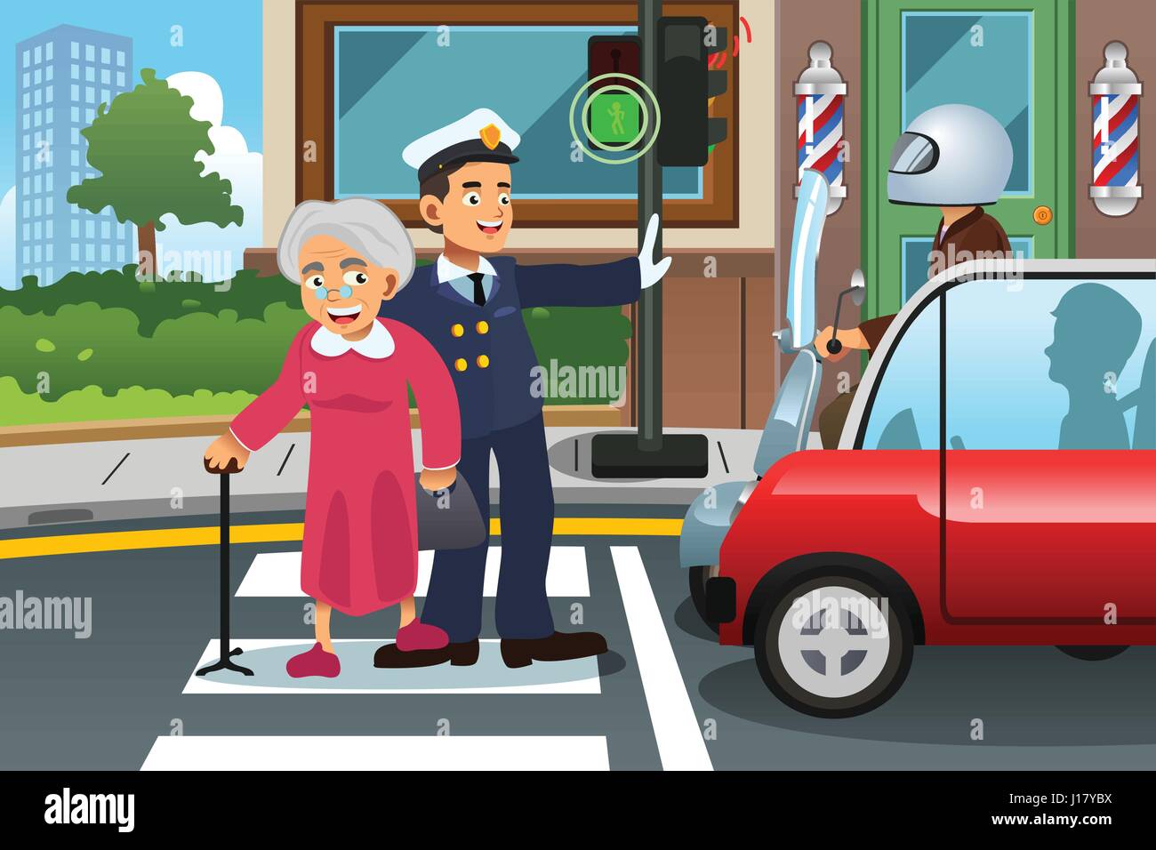 Eine Vektor-Illustration der Polizist helfende senior Dame über die Straße Stock Vektor