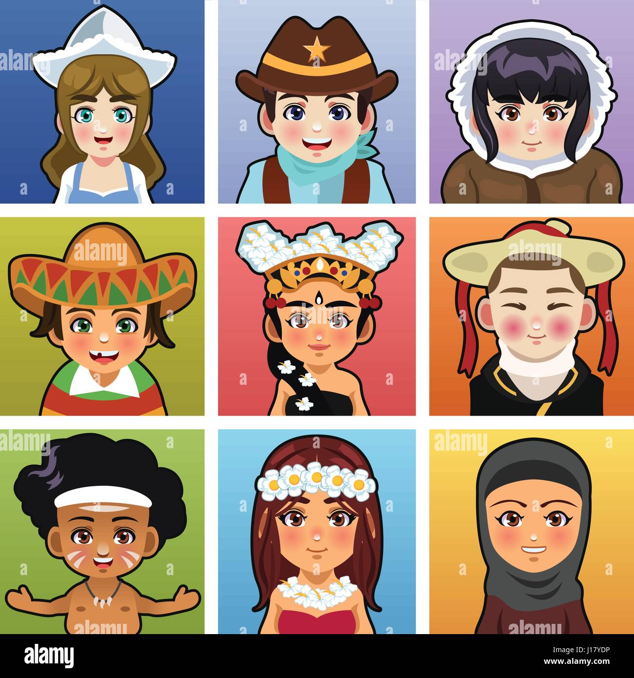 Eine Vektor-Illustration von Kindern aus verschiedenen Teilen der Welt tragen traditionelle Kleidung Stock Vektor