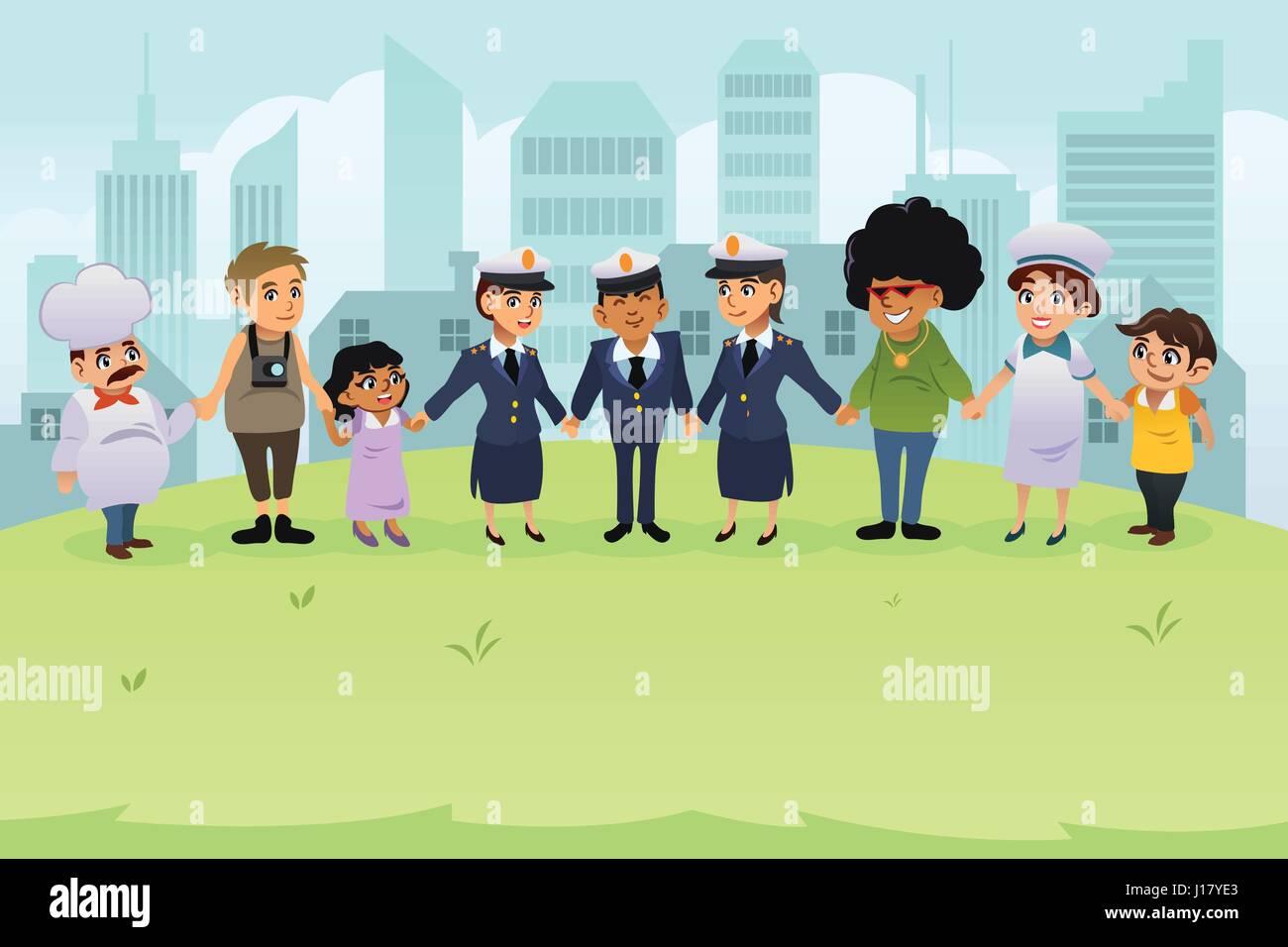 Eine Vektor-Illustration von Polizisten und PolizistInnen, die Hand in Hand mit den normalen Bürgern Stock Vektor