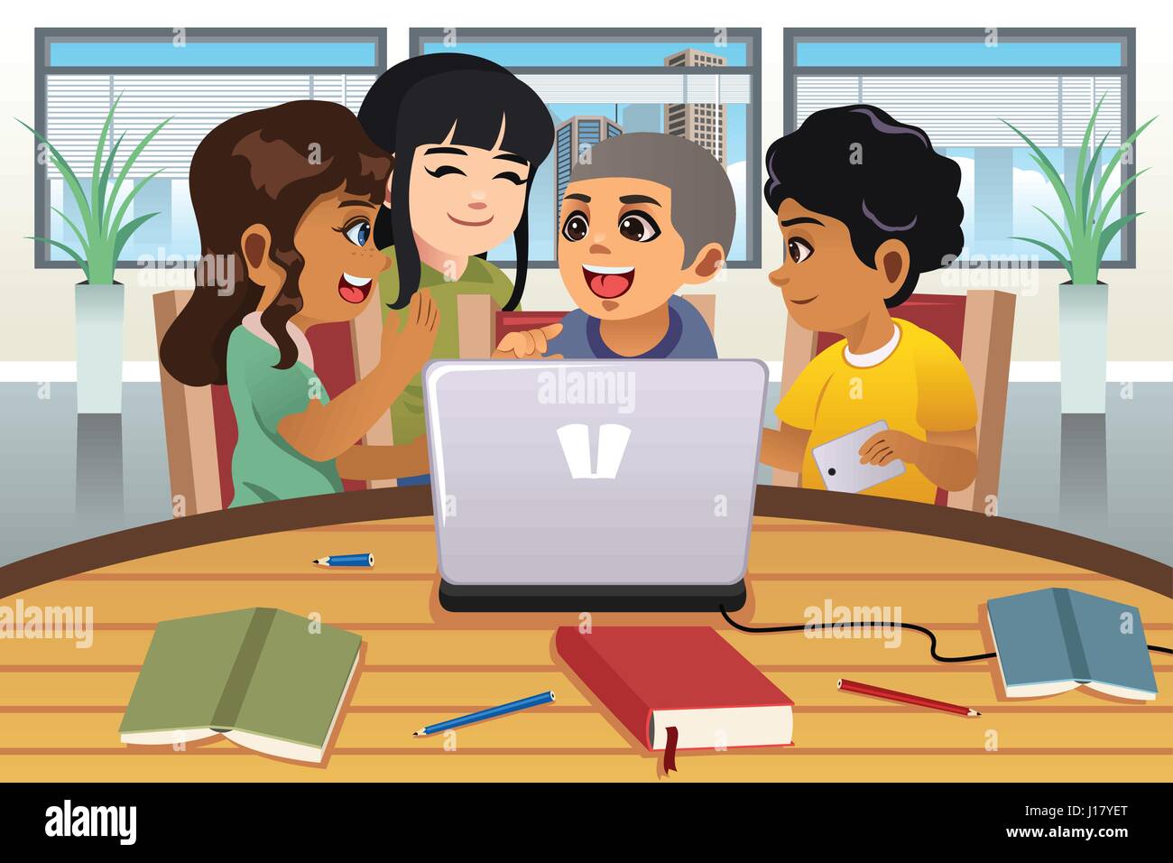 Eine Vektor-Illustration der Schule Kinder arbeiten um ein Laptop-Computer Stock Vektor