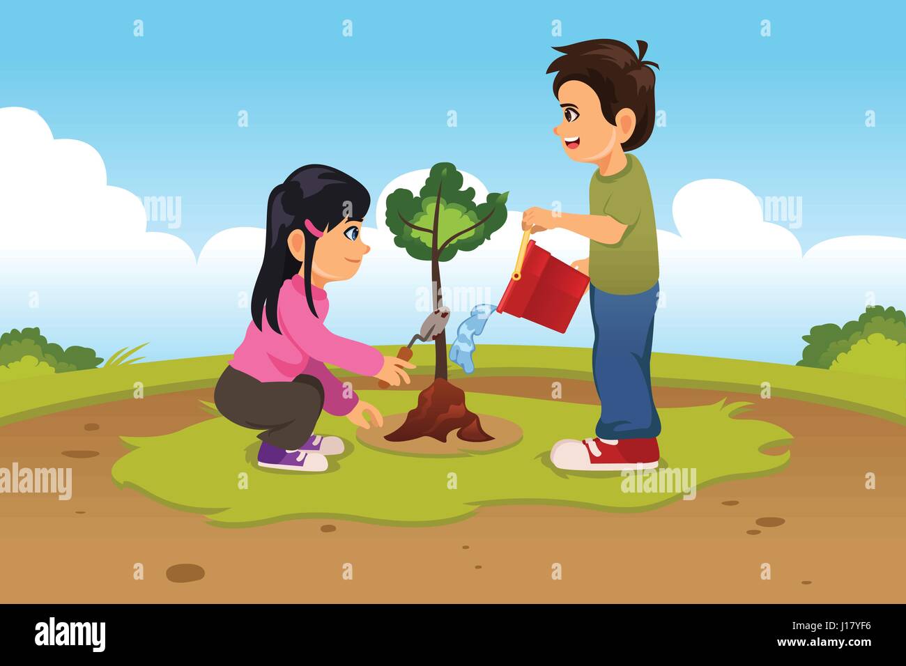 Eine Vektor-Illustration der Kinder Pflanzen und Gießen einen Baum Stock Vektor