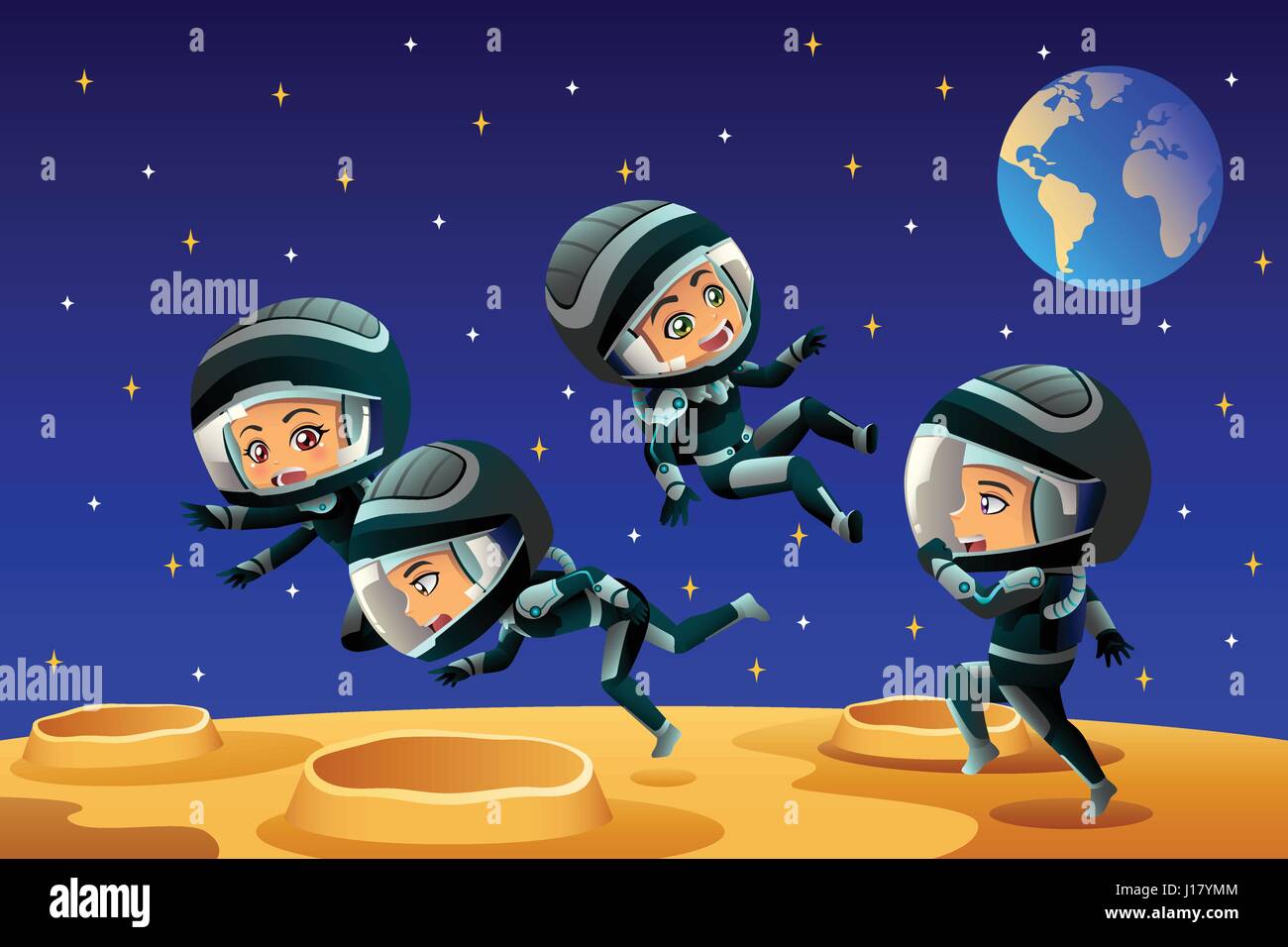 Eine Vektor-Illustration der Kinder tragen Astronauten-Outfit auf dem Mond Stock Vektor