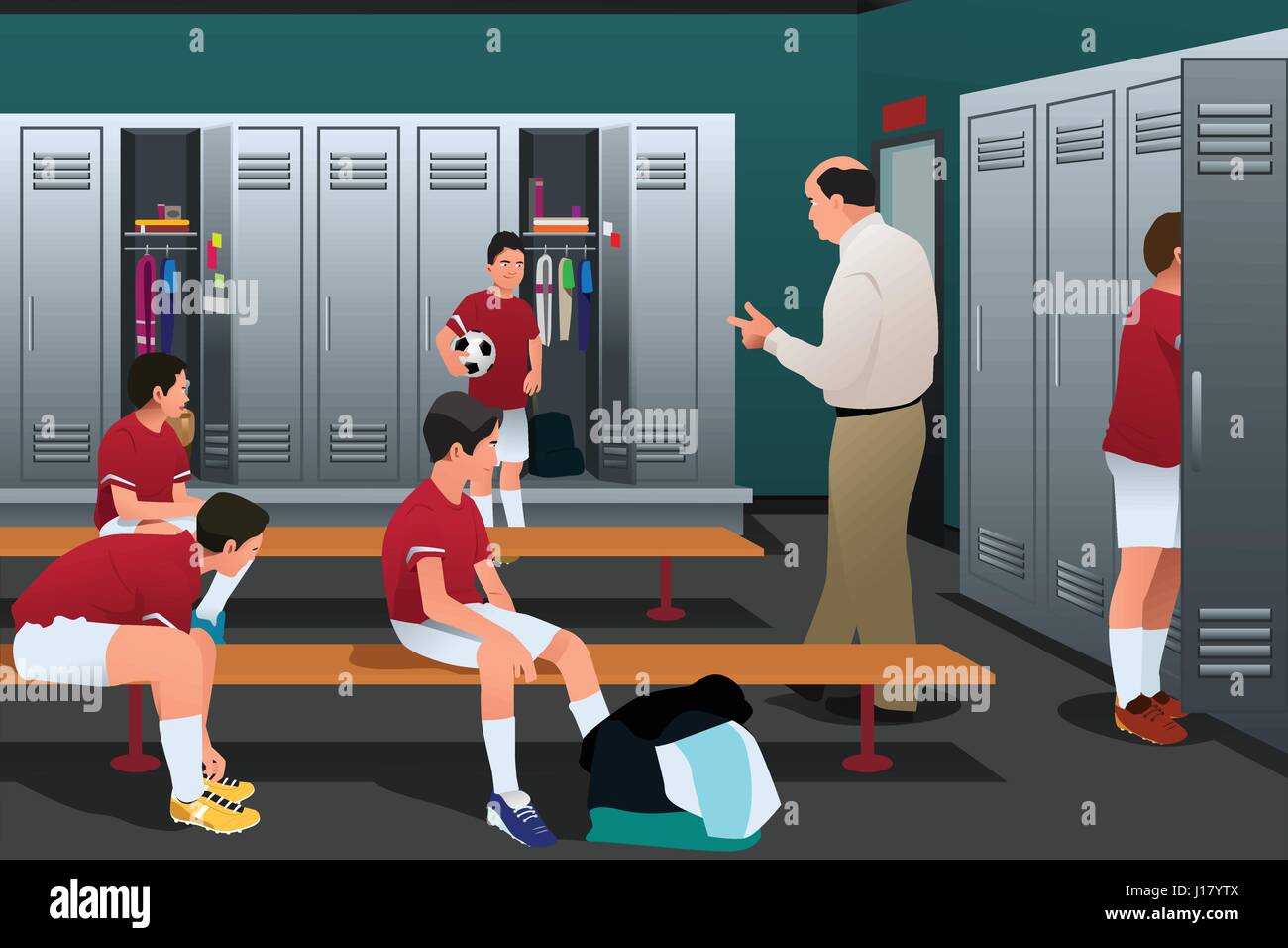 Eine Vektor-Illustration von Fußball-Trainer-Gespräch mit den Spielern in der Umkleidekabine Stock Vektor