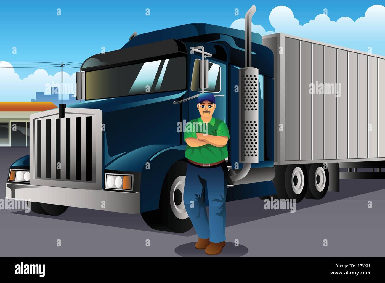 LKW Fahrer in Front von seinem LKW stehen eine Vektor-illustration ...