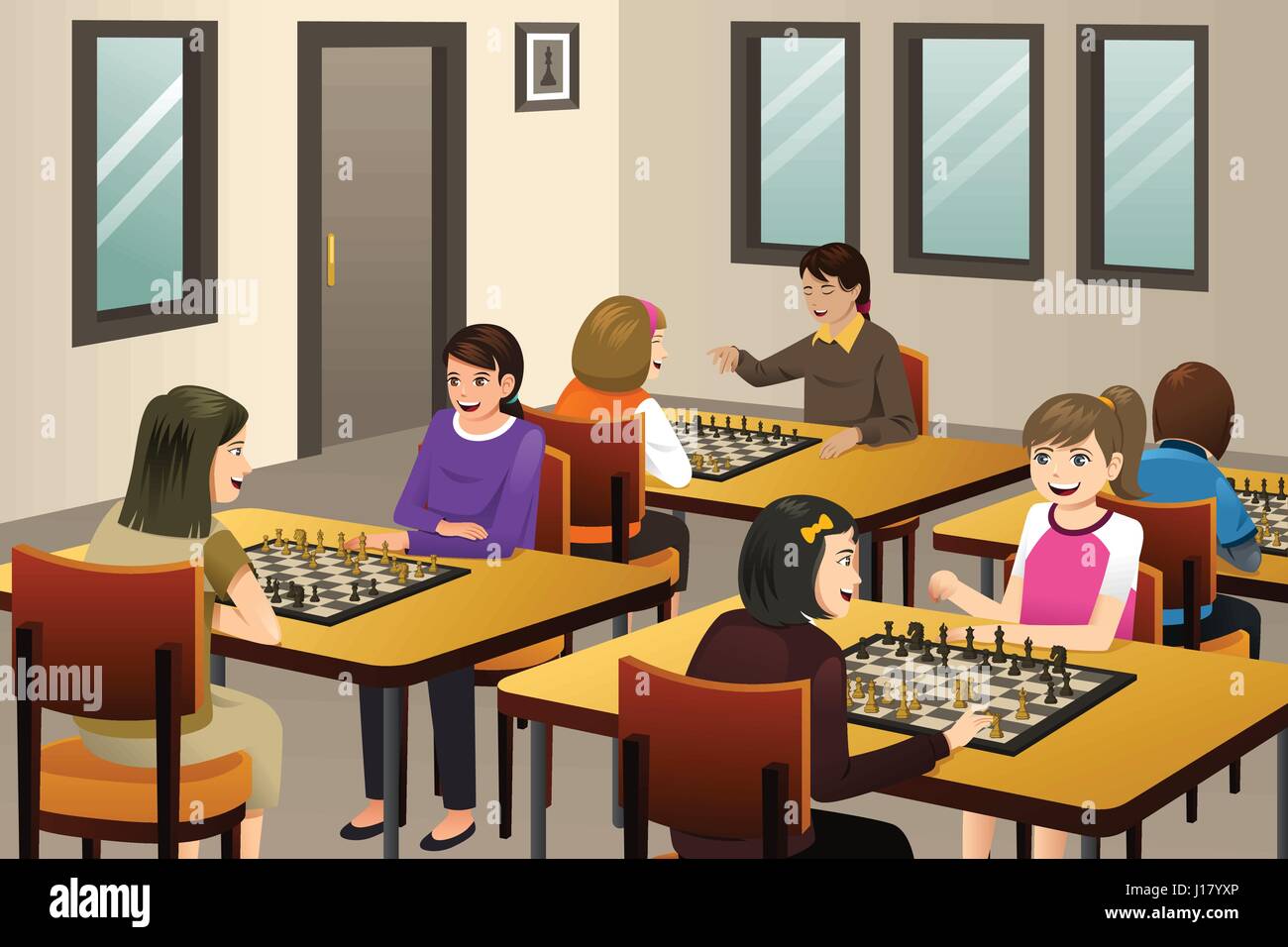 Eine Vektor-Illustration von Mädchen spielen Schach in einem Schachclub Stock Vektor