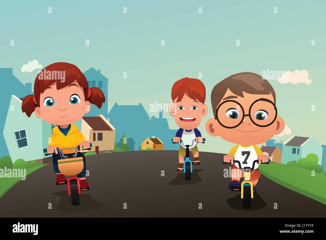 Eine Vektor-Illustration der Happy Kids Bike auf der Straße Stock Vektor