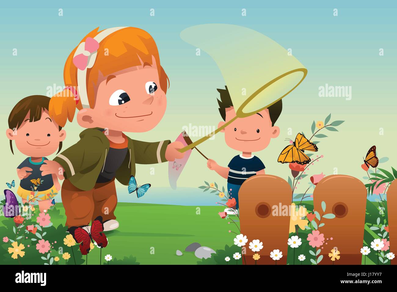 Eine Vektor-Illustration der Kinder fangen Schmetterlinge im freien Stock Vektor