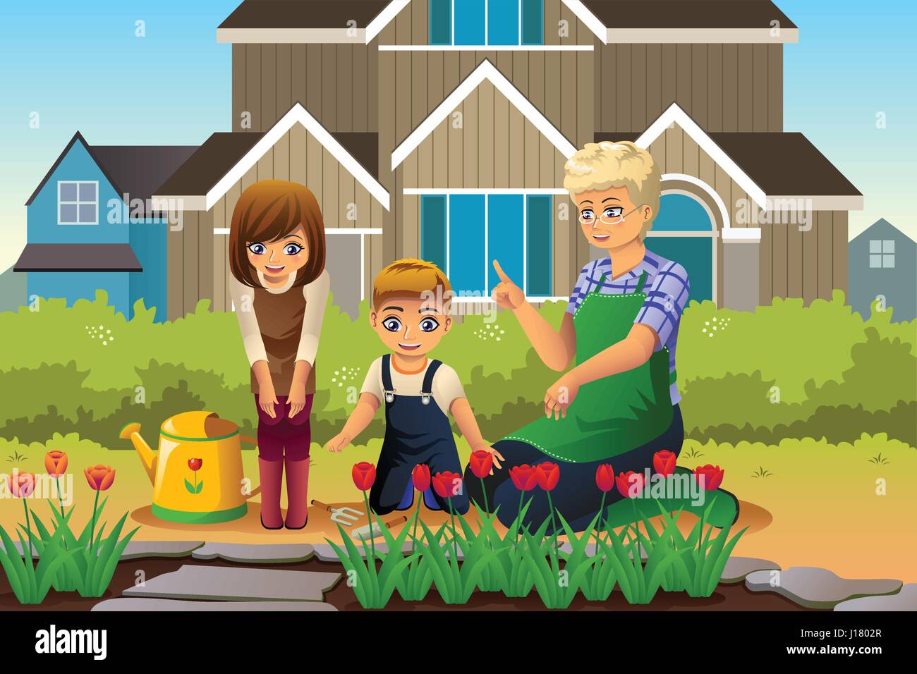 Eine Vektor-Illustration von Mutter und Kindern im Garten im Frühling Stock Vektor