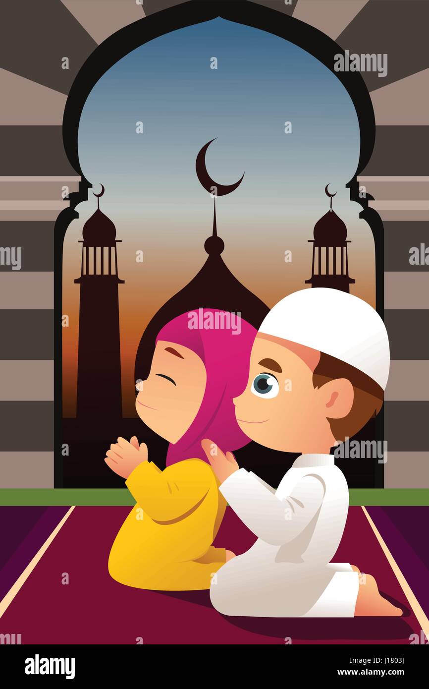 Eine Vektor-Illustration der muslimischen Kinder beten in der Moschee Stock Vektor