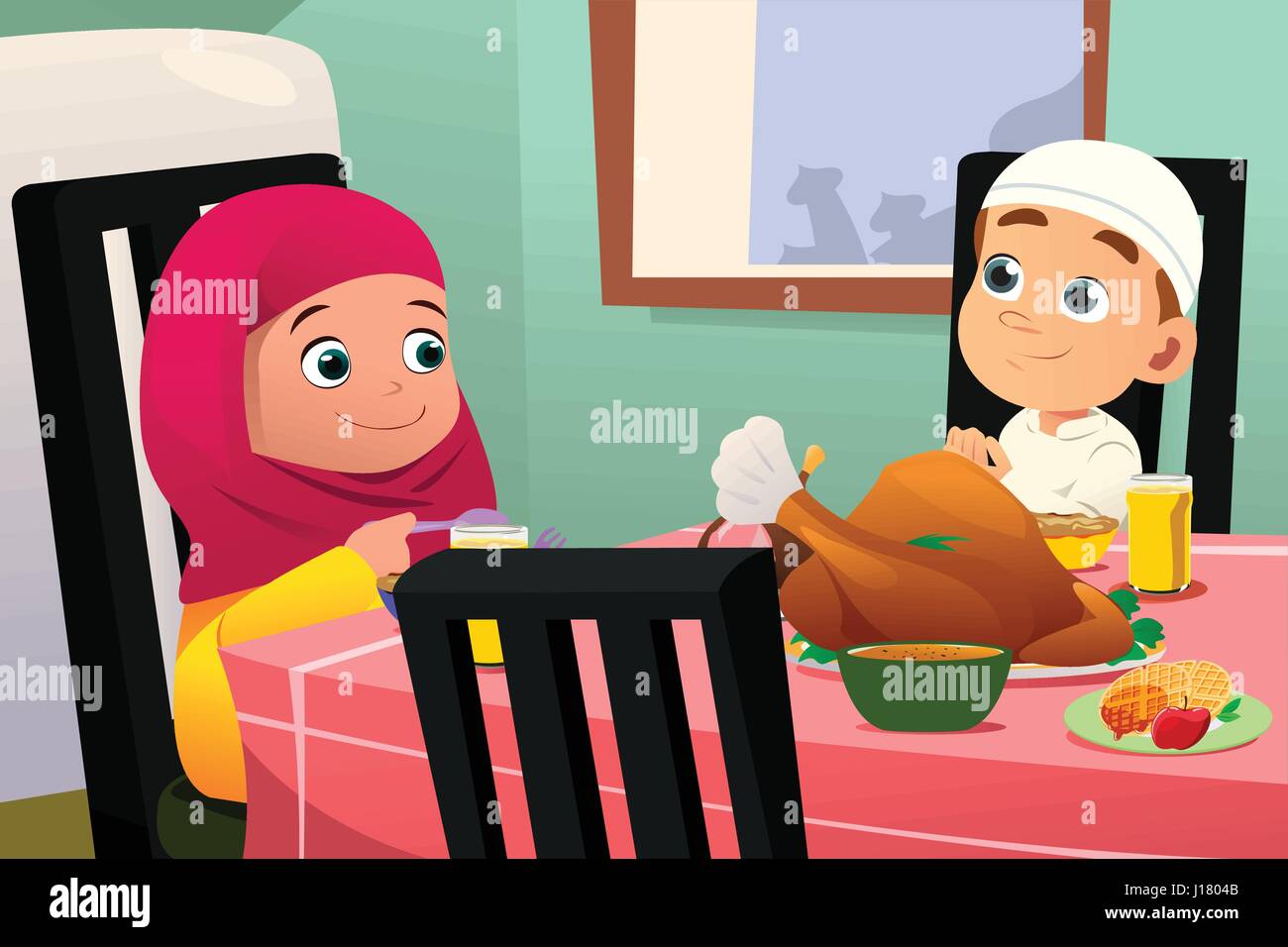 Eine Vektor-Illustration der muslimischen Kinder Essen am Esstisch Stock Vektor