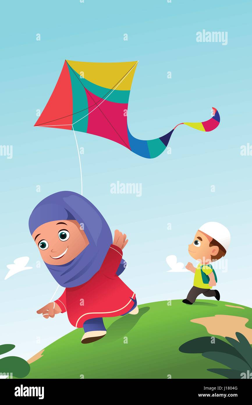 Eine Vektor-Illustration der muslimischen Kinder spielen Drachen Outdoor Stock Vektor