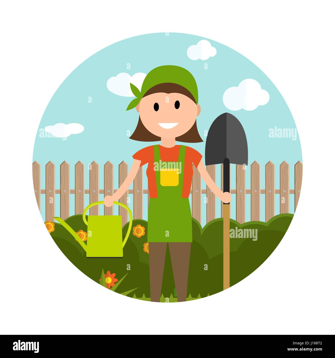 Garten-Hintergrund-Vektor-Illustration. Landwirt Gärtner Frau in Stock Vektor