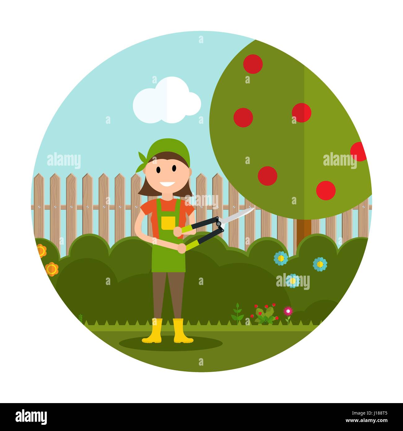 Garten-Hintergrund-Vektor-Illustration. Landwirt Gärtner Woman wit Stock Vektor