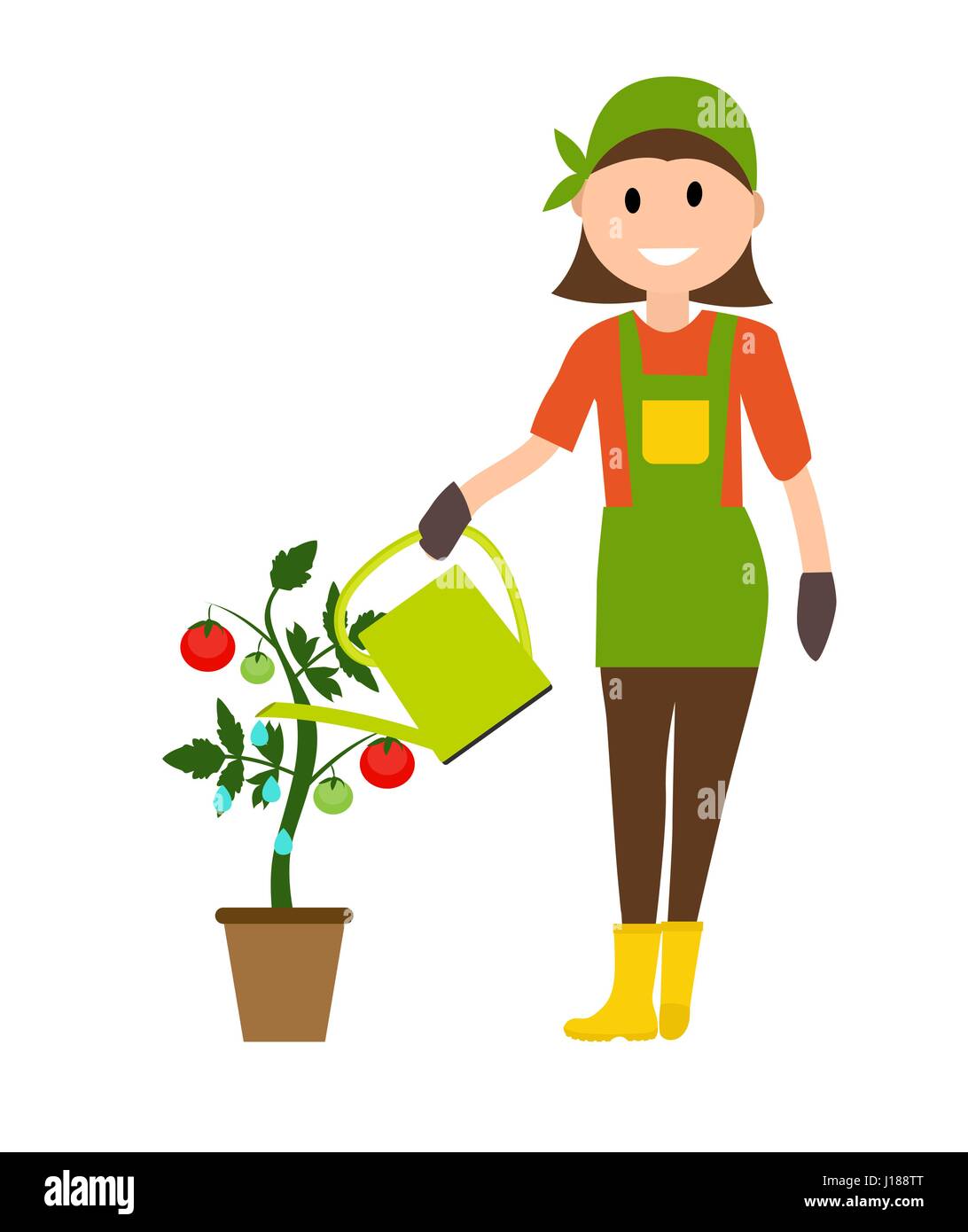 Landwirt Gärtner Frau mit Gießkanne und Tomatenpflanze im Modus Stock Vektor