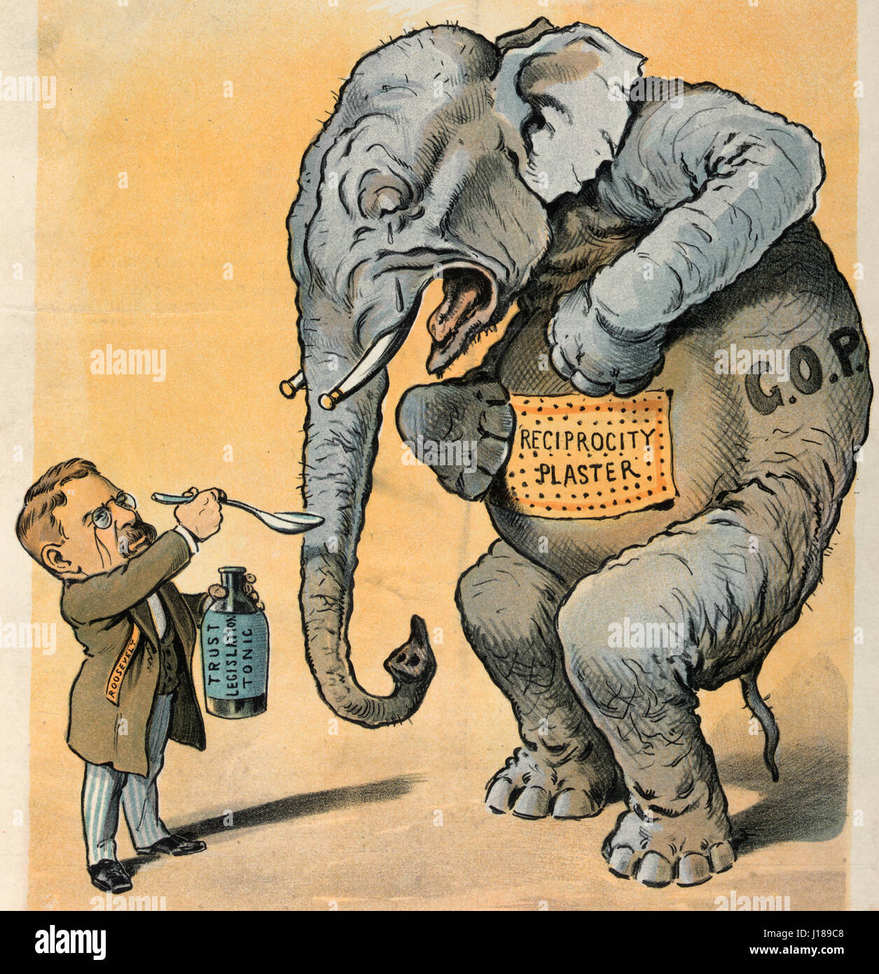 Seine Einnahme - Abbildung zeigt mit der Bezeichnung Präsident Theodore Roosevelt geben der republikanische Elefant "GOP" Löffel "Vertrauen Gesetzgebung Tonic"; auf den Elefanten Bauch ist Gegenseitigkeit Gips. Politische Karikatur, März 1903 Stockfoto