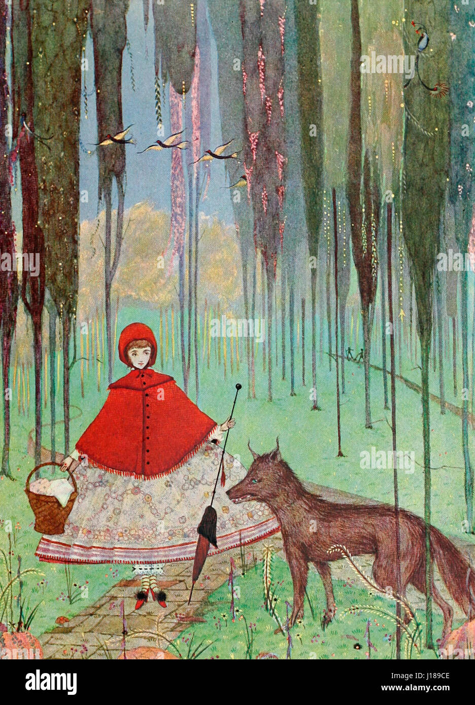 Er fragte sie, wohin sie ging - Szene von Little Red Riding Hood von Charles Perrault Stockfoto