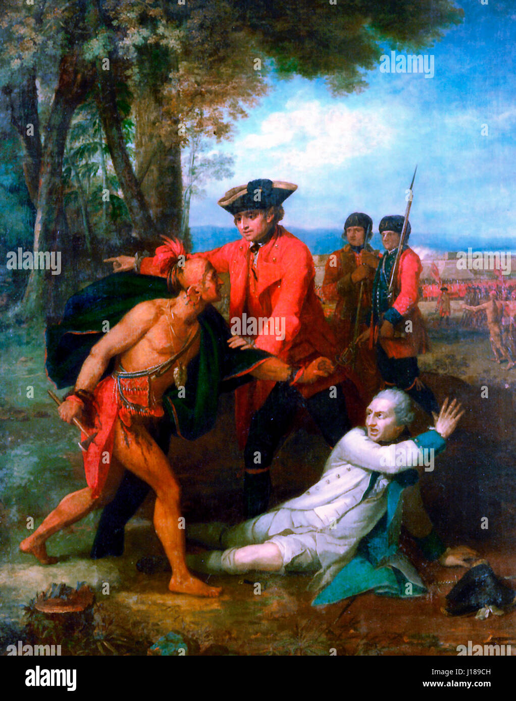 General Johnson einen verwundeten französischen Offizier von der Tomahawk eine North American Indian während des Franzosen- und Indianerkrieg Krieges 1755 zu retten Stockfoto