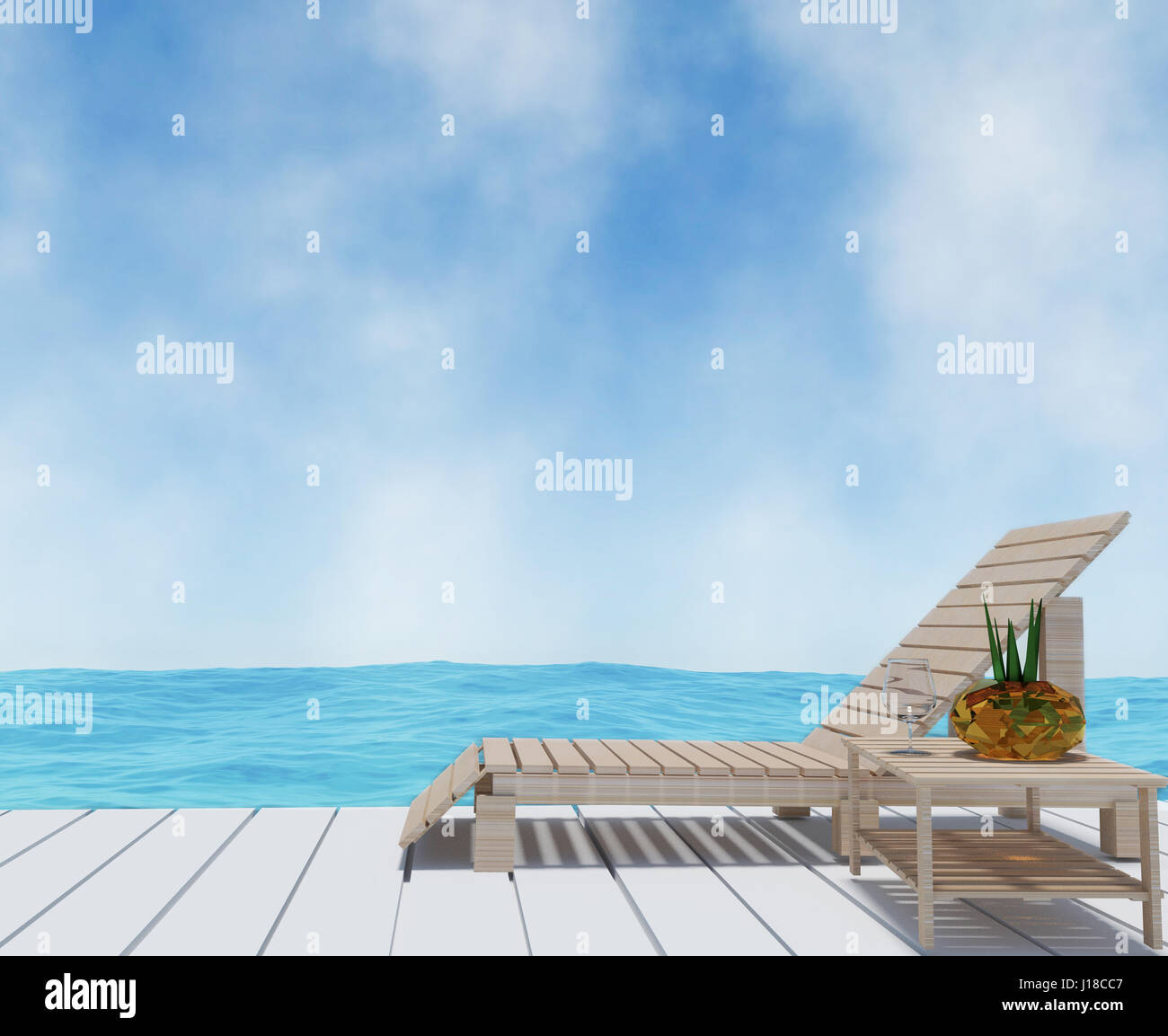 Strand-Lounge-Interieur mit Strand Meerblick in 3D-Rendering Stockfoto