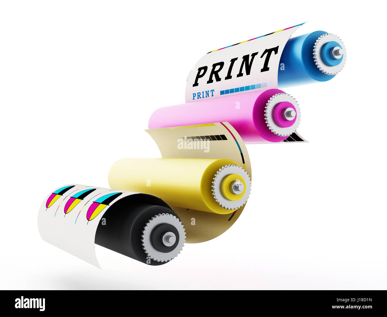 CMYK-Druckmaschine mit Testausdruck. 3D Illustration. Stockfoto