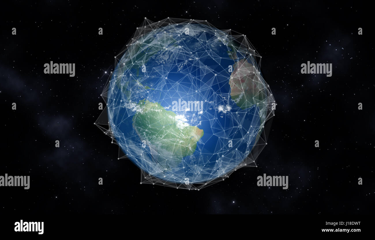Netzwerk und Datenaustausch Kommunikation Raster über Planetenerde im Weltraum. 3D-Rendering Elemente dieses Bildes, eingerichtet von der NASA Stockfoto