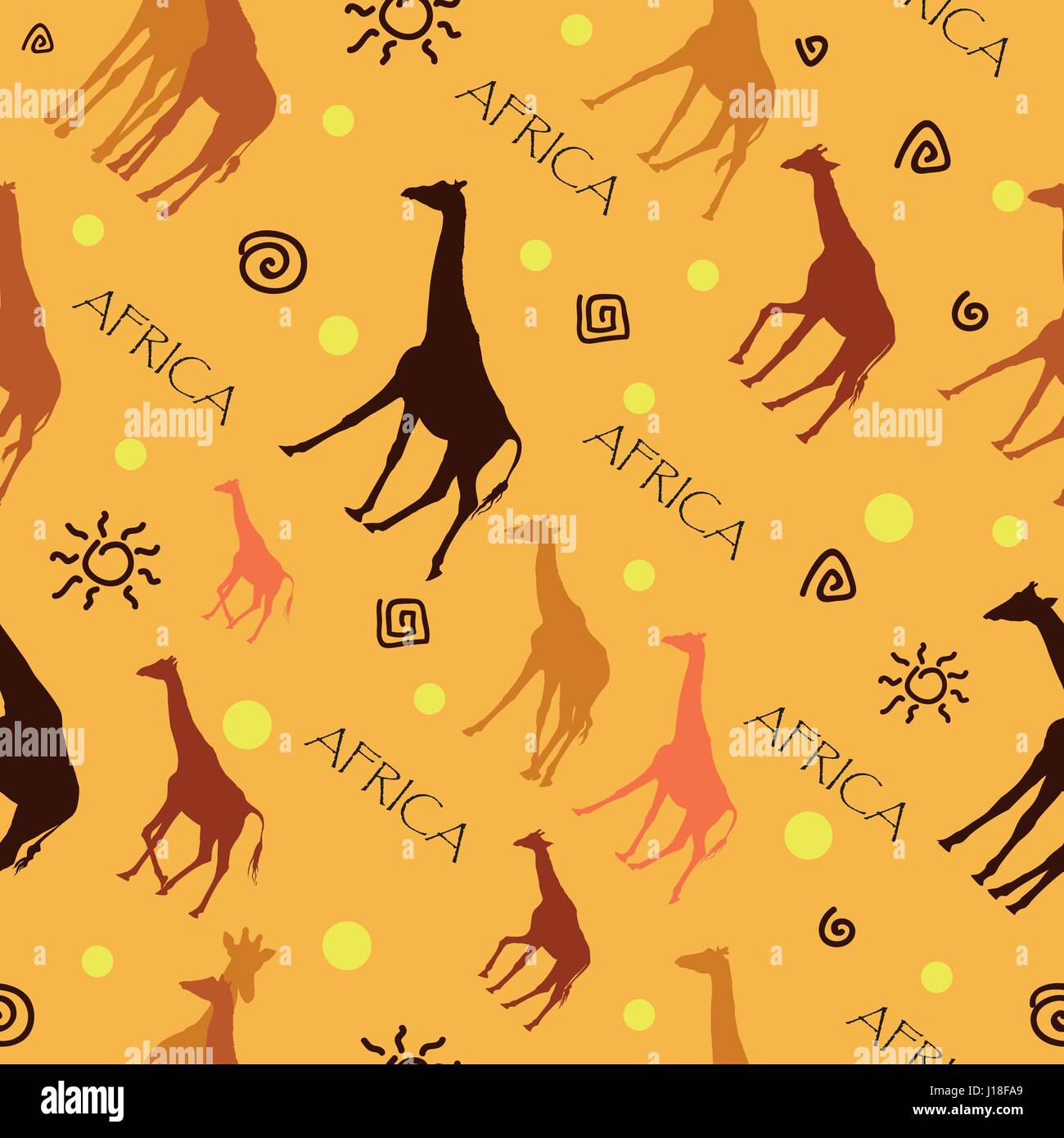 Nahtlose Muster mit bunten Giraffen auf gelbem Hintergrund Stock Vektor