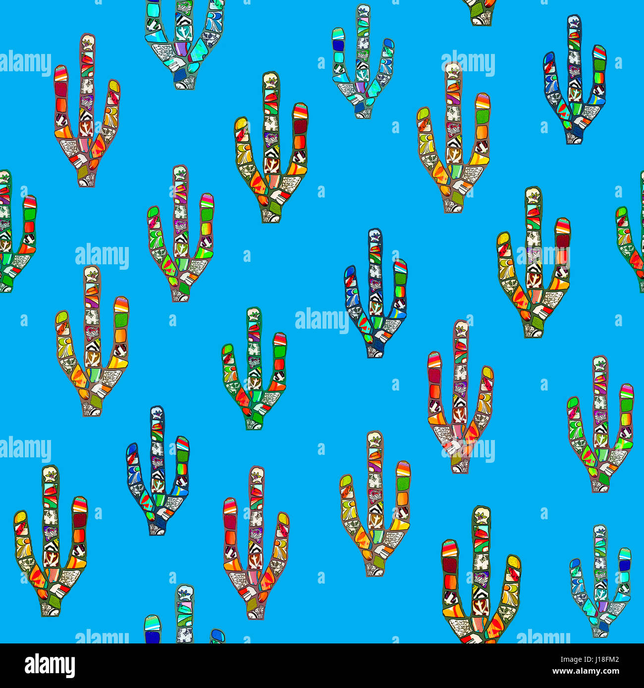 Nahtlose bunte abstrakte Kakteen Mosaikmuster auf blauem Grund. Mexikanische oder südwestlichen amerikanischen Stildesign. Stockfoto