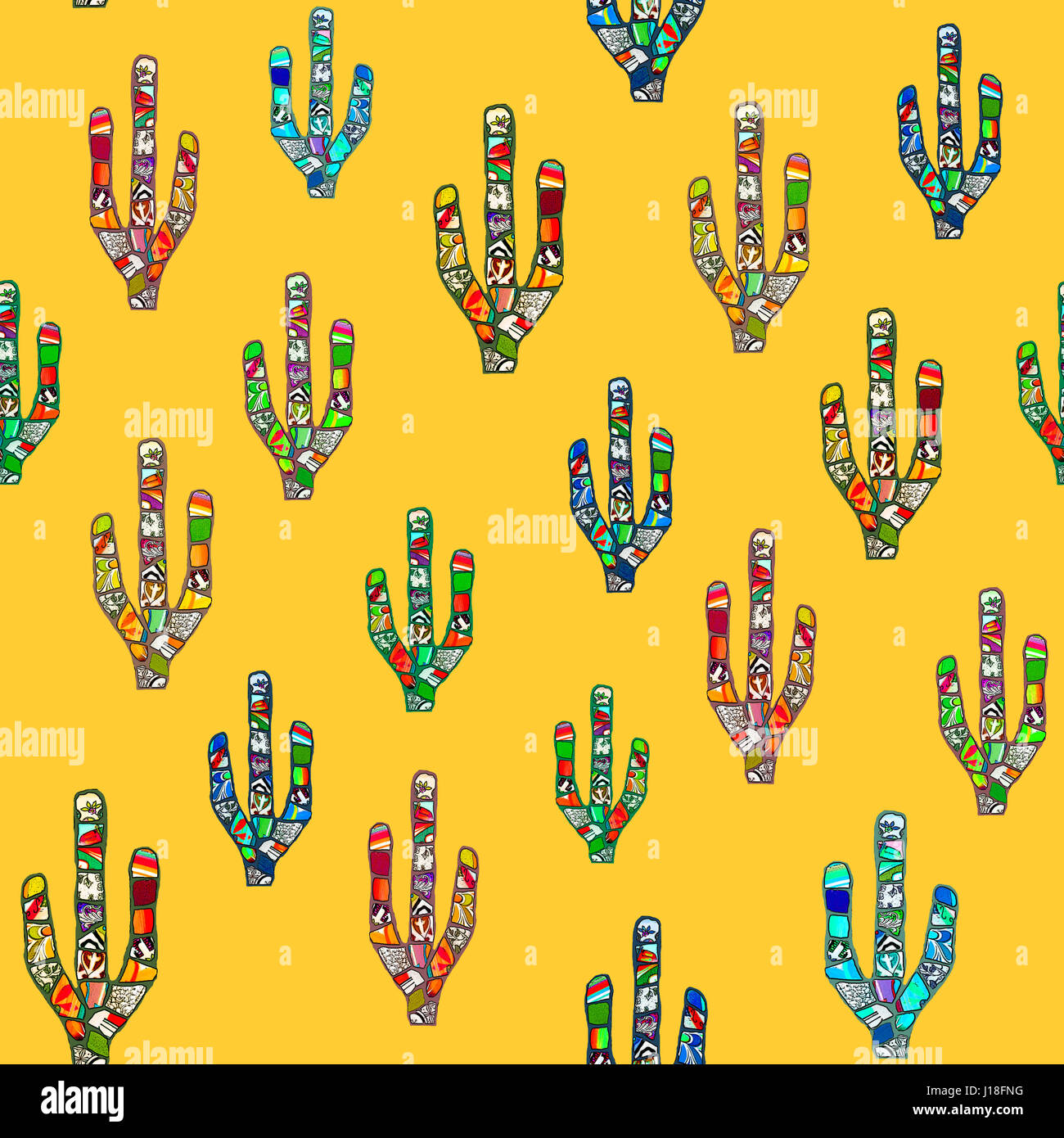 Nahtlose bunte abstrakte Kakteen Mosaikmuster auf einem gelben Hintergrund. Mexikanische oder südwestlichen amerikanischen Stildesign. Stockfoto