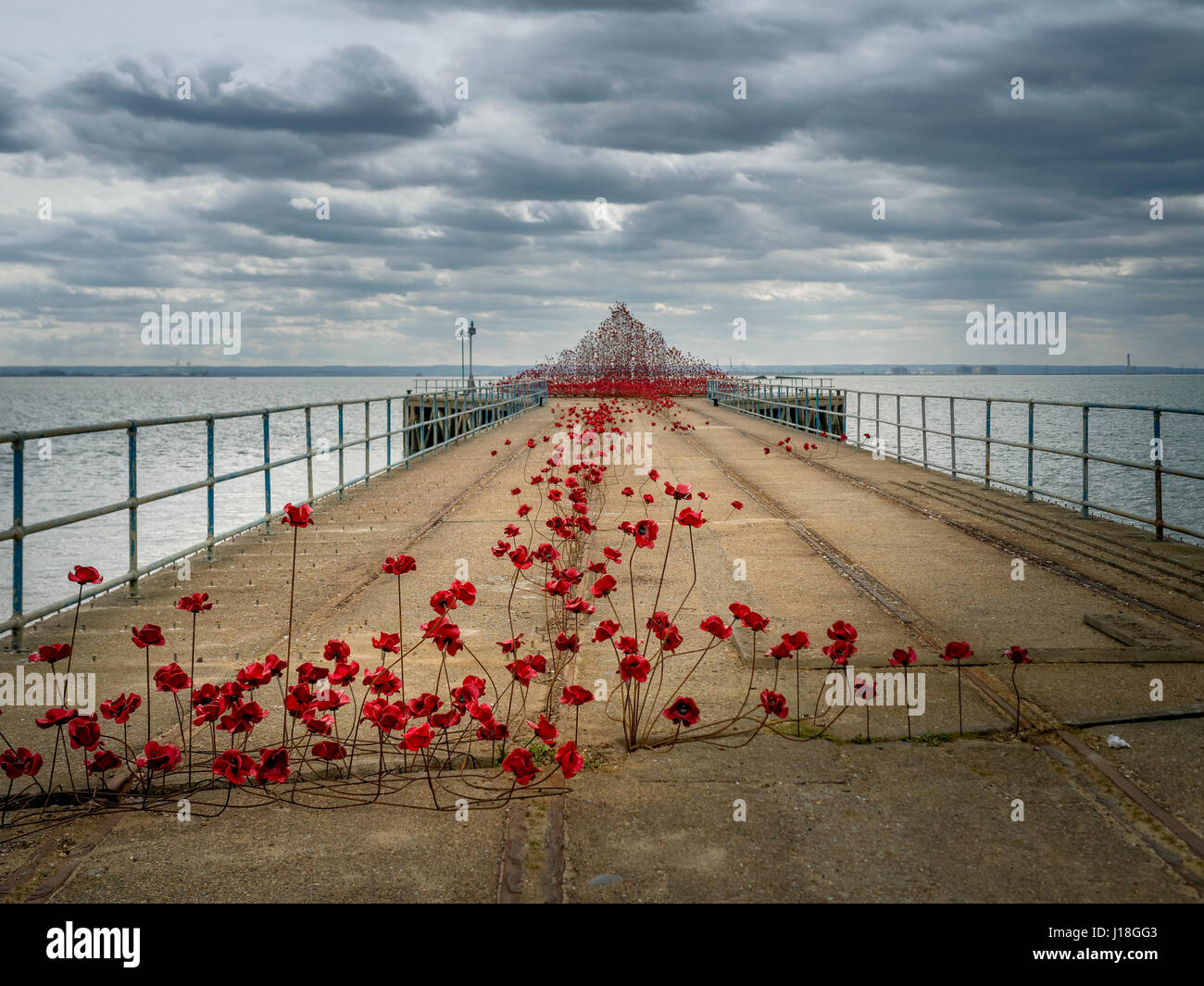 Mohn-Welle ist eine Kunstinstallation des Künstlers Paul Cummins Sackler Barge Pier in Shoeburyness, "Gunners" Park Essex als Teil einer Tour des Vereinigten Königreichs. Stockfoto