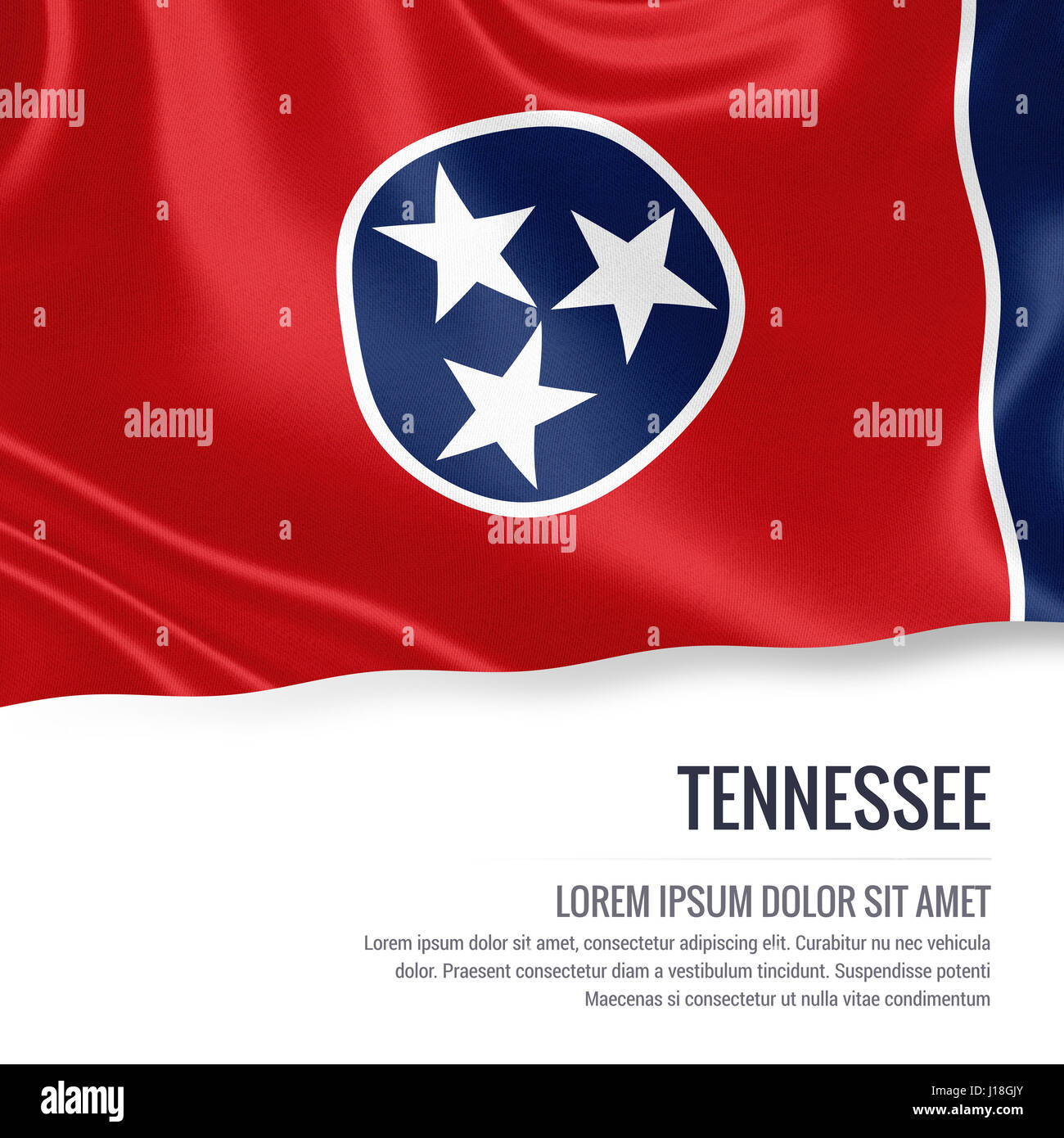 Flagge der US-Staat Tennessee winken auf einem isolierten weißen Hintergrund. Staatliche Name und den Textbereich für Ihre Nachricht. Stockfoto
