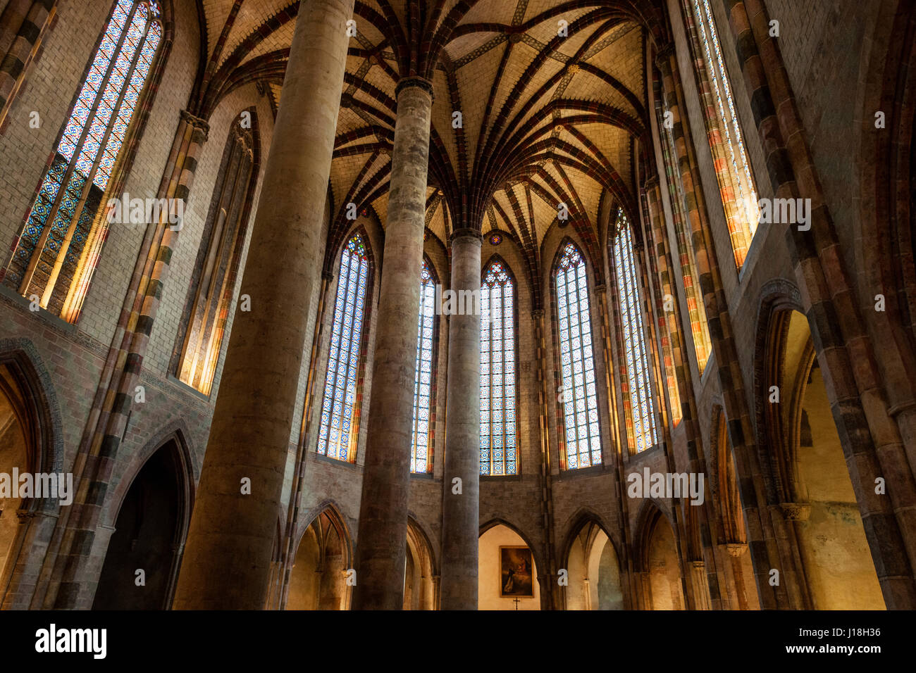 Innenraum der Kirche der Jakobiner in Toulouse, Frankreich. Südliche gotische Architektur. Stockfoto