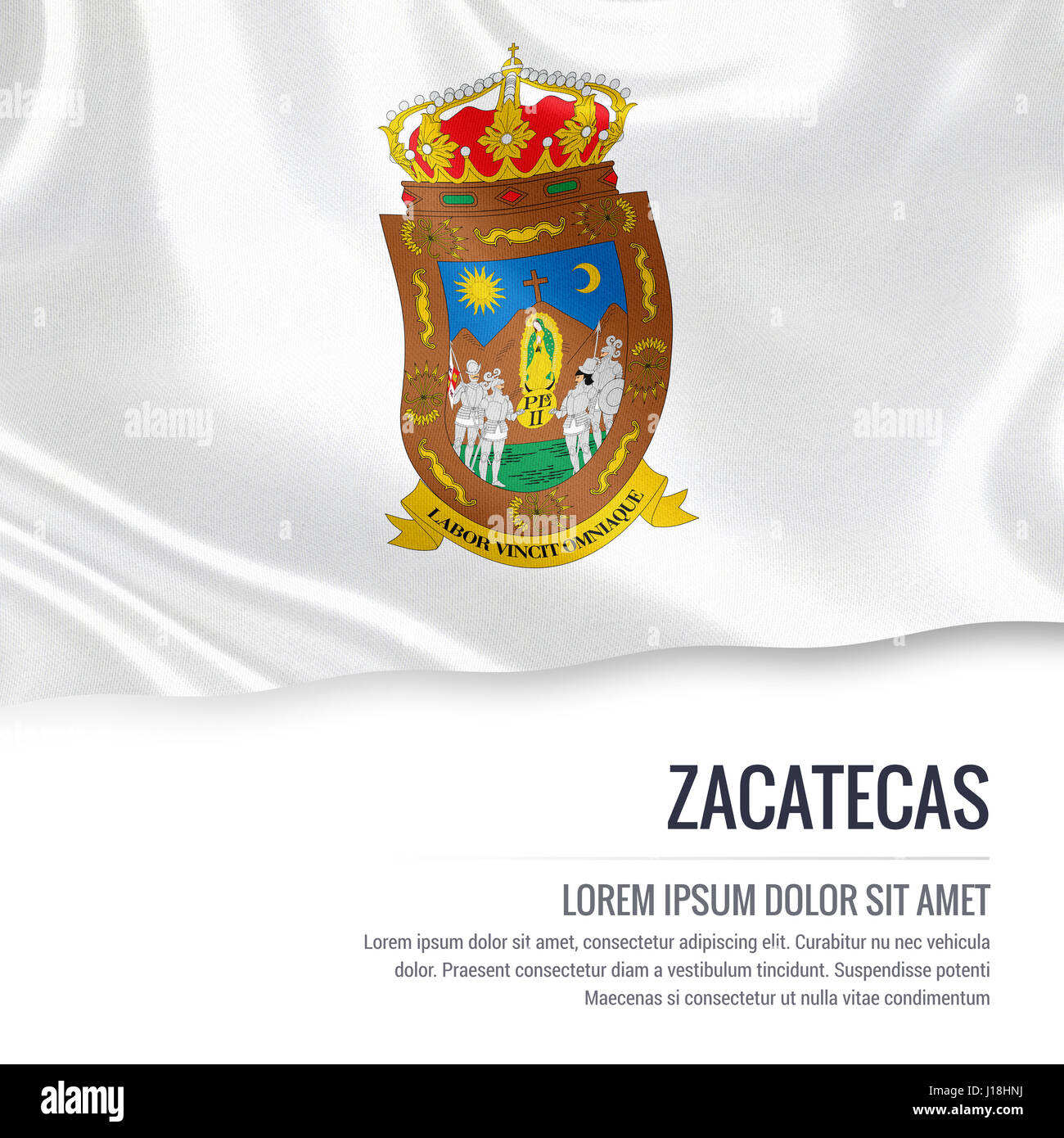 Flagge von mexikanischen Bundesstaat Zacatecas winken auf einem isolierten weißen Hintergrund. Staatliche Name und den Textbereich für Ihre Nachricht. Stockfoto