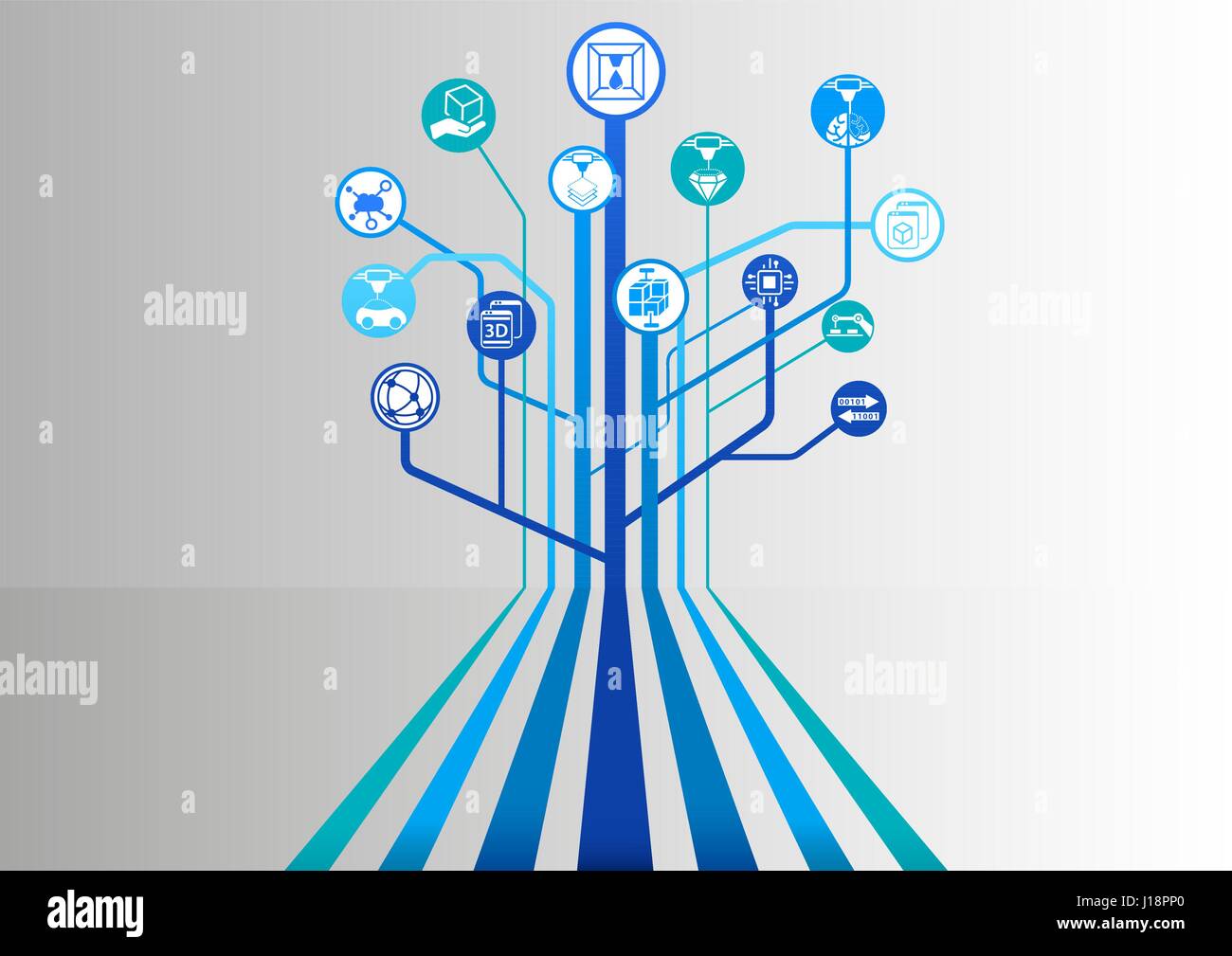 3D-Druck und 3D-Druck blauer Hintergrund als Vektorgrafik mit parallelen Linien breitete sich heraus in einer Baumstruktur Stock Vektor
